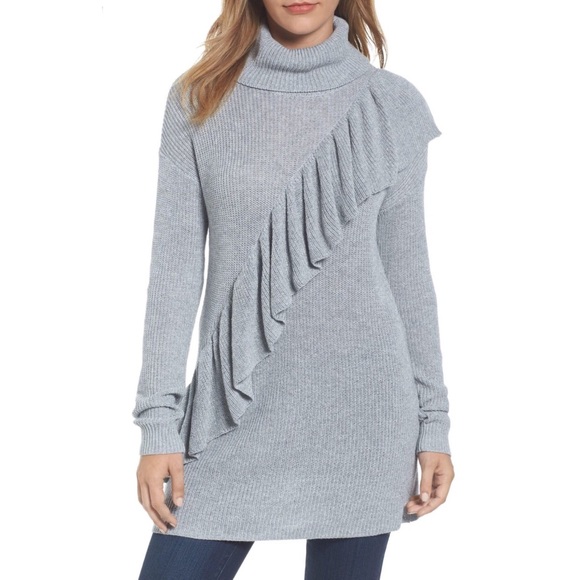 Halogen Tops - halogen ruffle front gray turtleneck tunic
